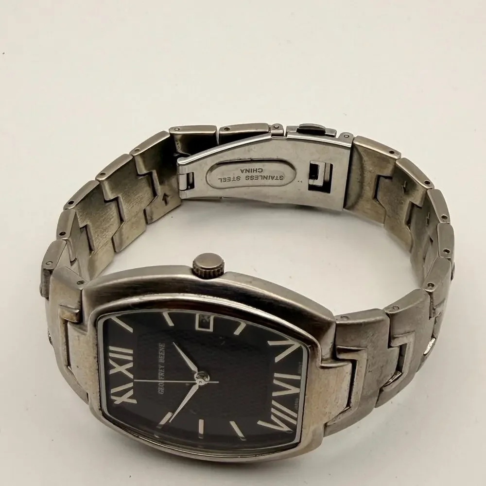 Geoffrey Beene Silver-Tone Quartz Watch - Black Dial Working New Battery
